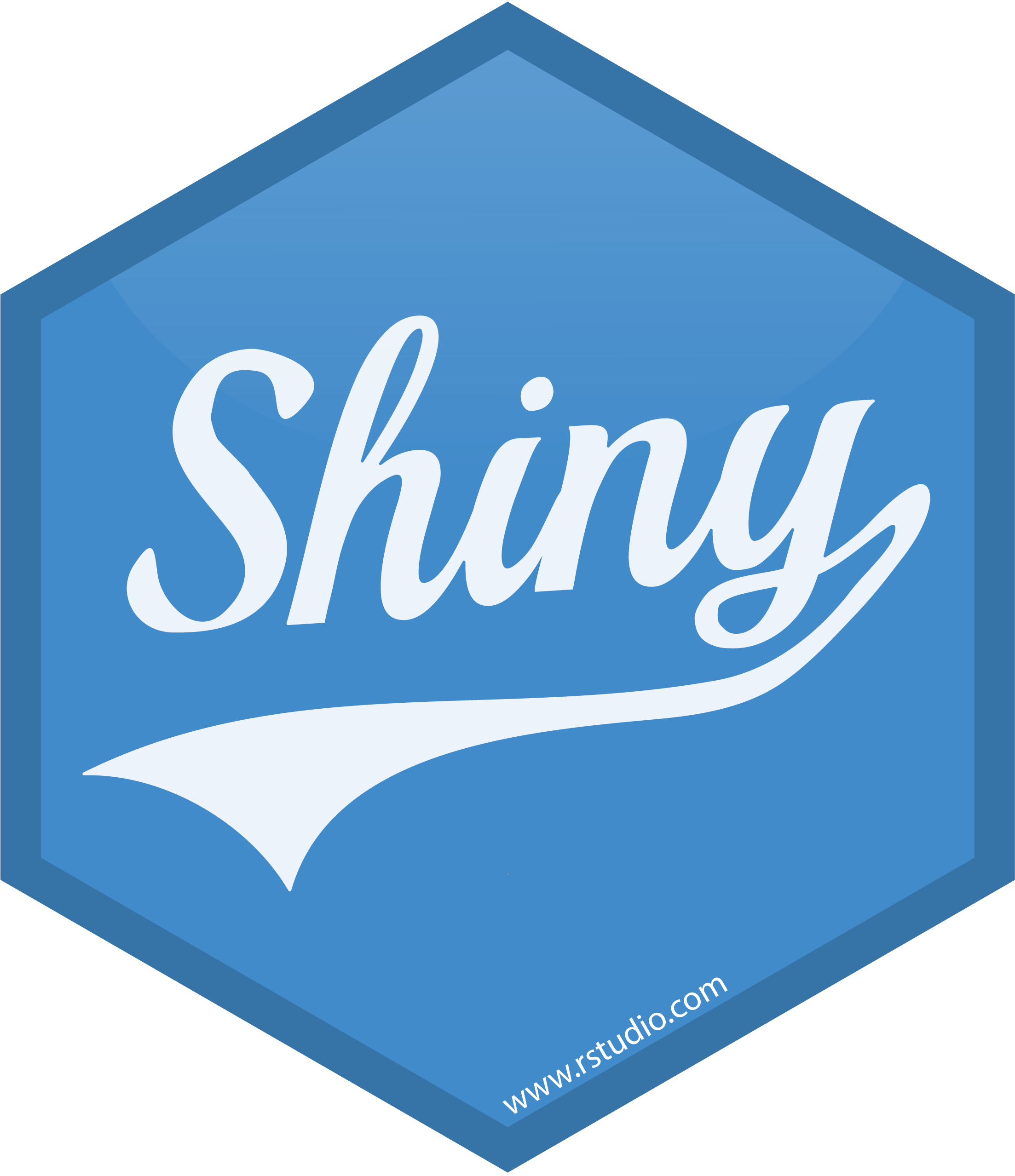 Hex sticker do pacote Shiny: um hexágono de cor azul clara com a palavra Shiny escrita no meio.